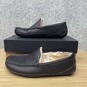UGG Ascot Leather Moccasin Slippers Men's Size 10 3E Wide Dark‎ Spice Brown Wool